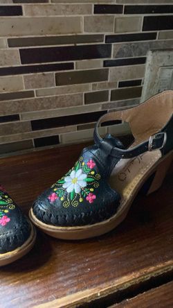 Black Leather Embroidered Huarache Sandals