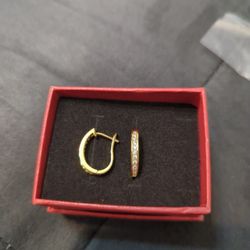 Gold Tone Earrings. Huggie Style With Cz Diamonds