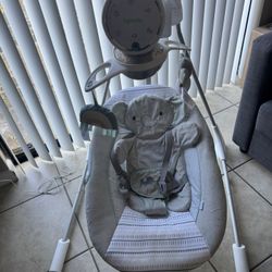 Ingenuity InLighten 5-Speed Baby Swing - Swivel Infant Seat, 5 Point Safety Harness, Nature Sounds, Lights - Van Elephant