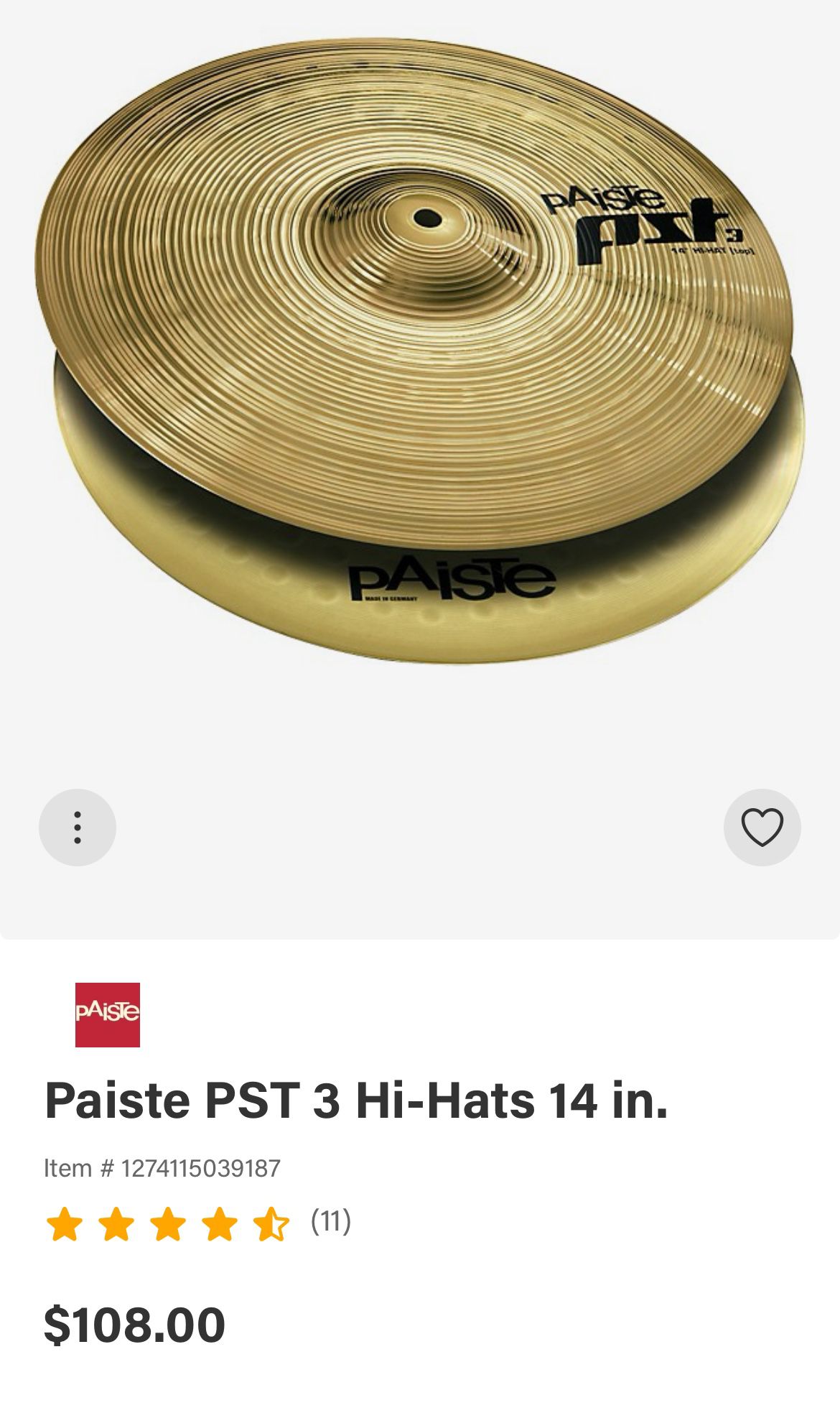 Paiste PST 3 Hi-Hats 14” (Pair) $75