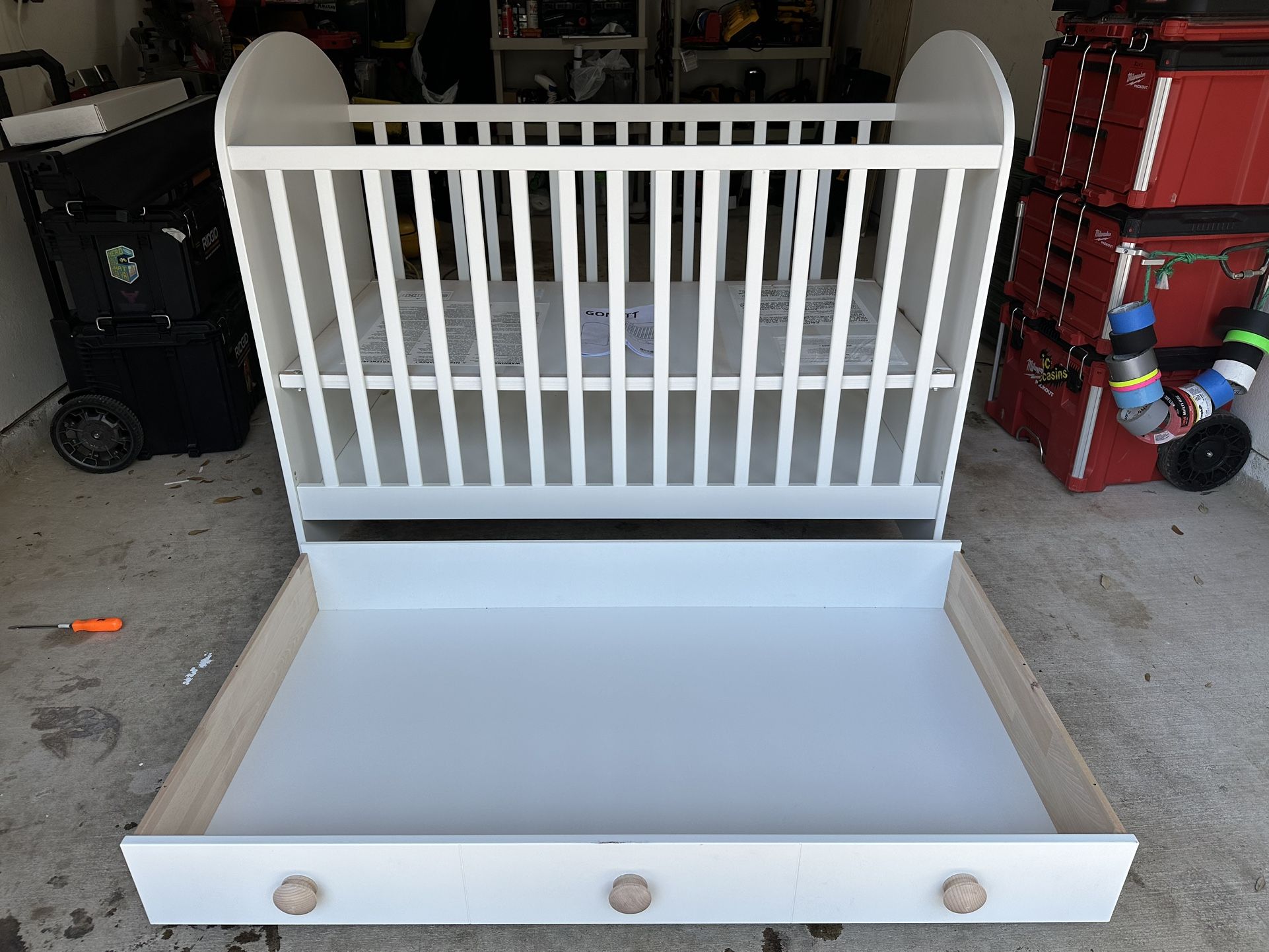 White IKEA Crib With Storage Drawer