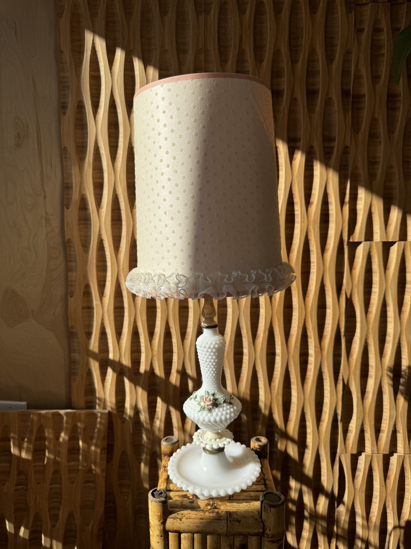 Vintage White Milk Glass Hobnail Lamp Floral Soft Pink Tulle Ribbon Shade Dots Coquette Shabby Chic