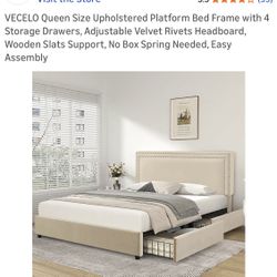 Queen Storage Bed + 10” Gel Memory Foam Mattress – Like New 1 year old
