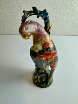 Chinese Cloisonné Parrot Statue Enamel Gilt Bird on Branch Figurine Decor