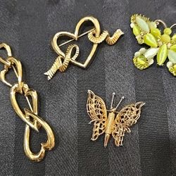 Vtg. Signed Monet Costume Jewelry Gold Tone Heart And Butterfly Lot Of 4 Brooch/Pins Very Rare!