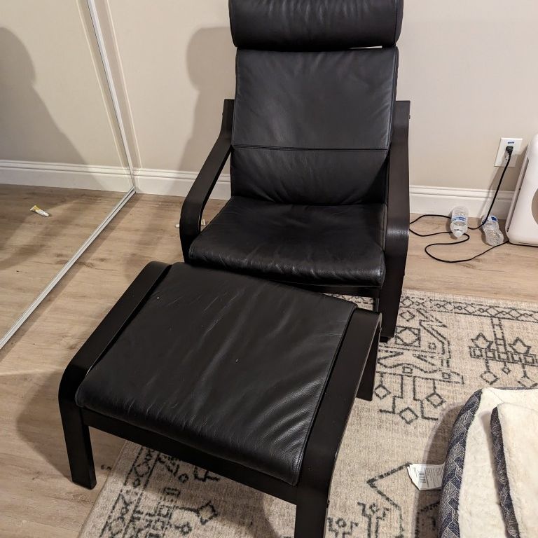 Ikea Poang Black Leather Lounge Armchair Chair And Ottoman 