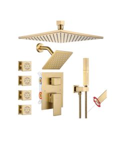 VANFOXLE Shower System, Brushed Gold Shower Faucet Set, Four Modes，Rainfall showerhead
