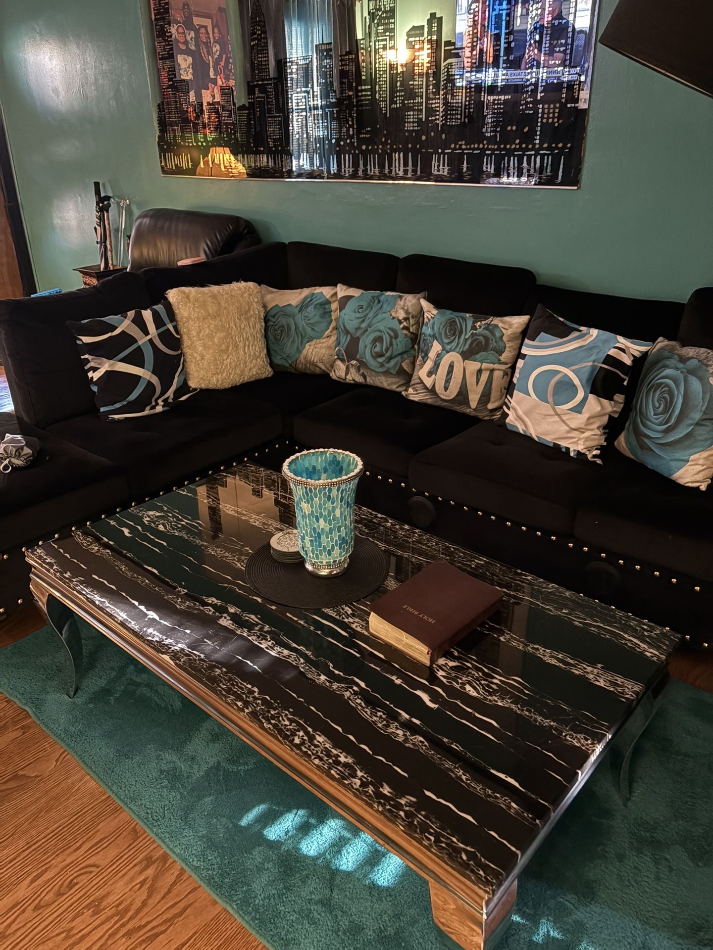 Black Sectional With Ottoman, coffee Table, Two End Tables.
