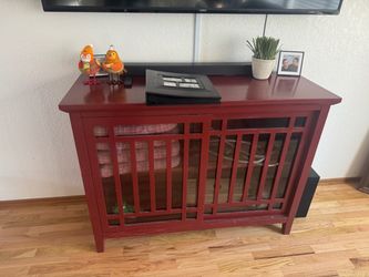 Red Wood TV Stand with Slatted Cabinet