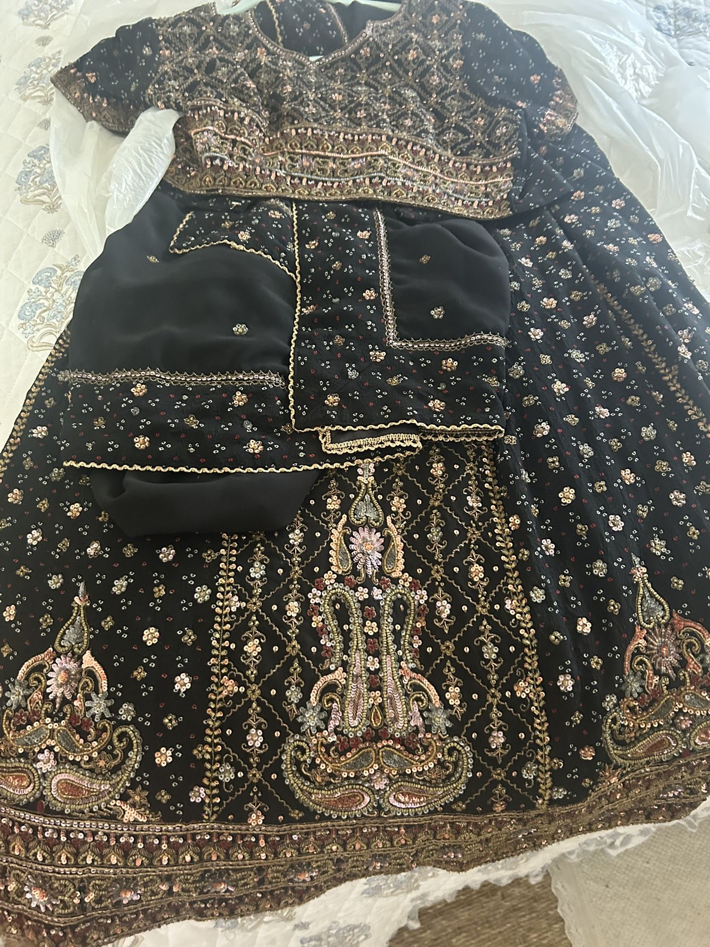 Black Beaded Skirt And Top With Shawl From India