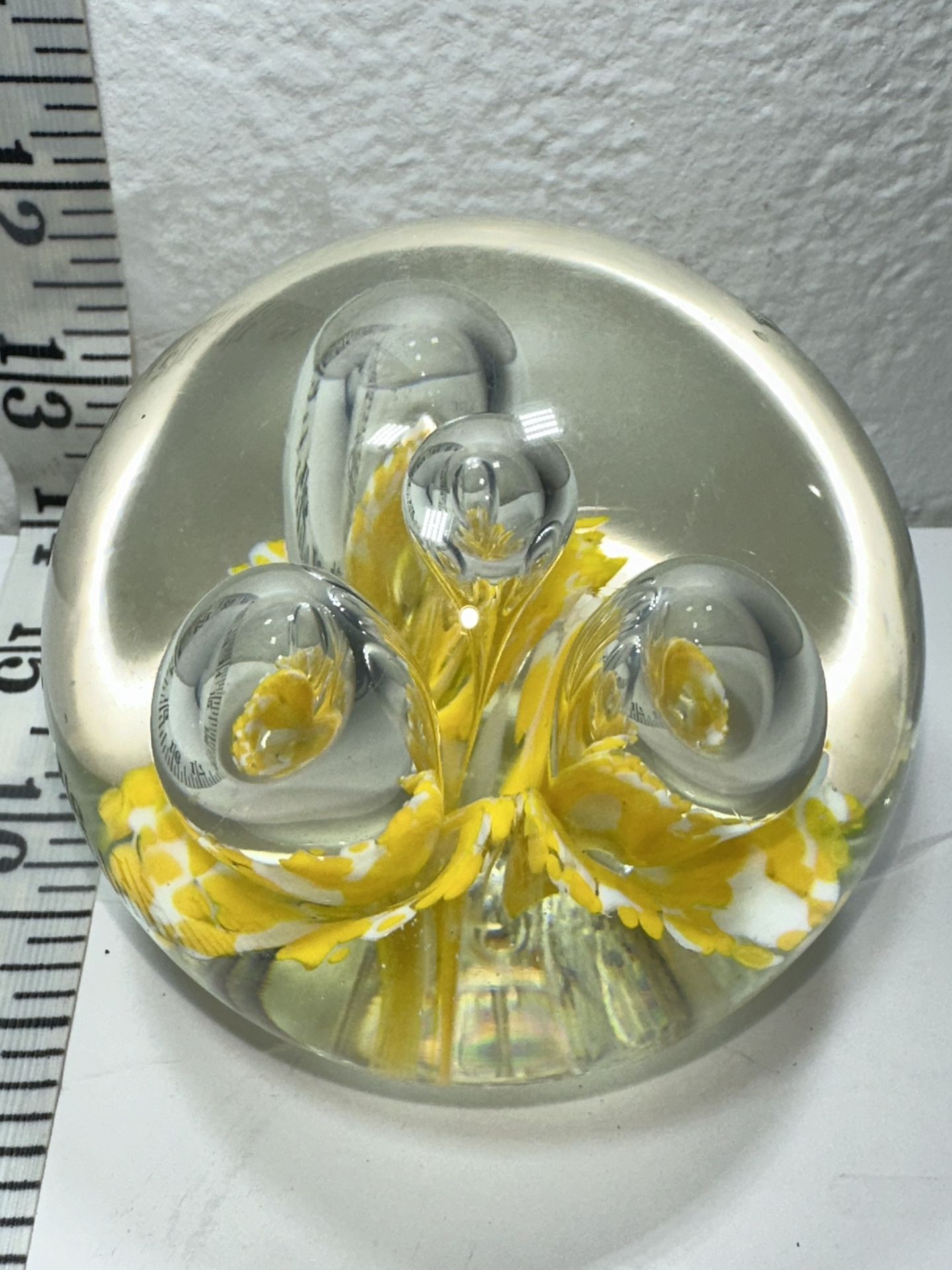 Three flower glass, paperweight, vintage yellow
