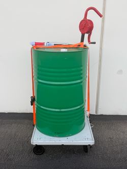55 gallon steel drum with hand pump and movable cart