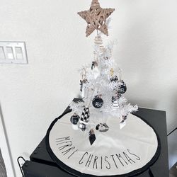 Small Decorative White Christmas Tree with Ornaments and Mat