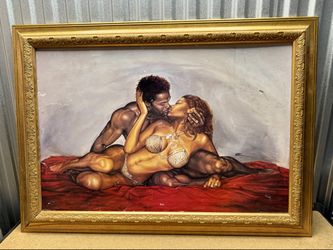 WAK Kiss Framed Art Print 2006 African American Couple Gold Frame