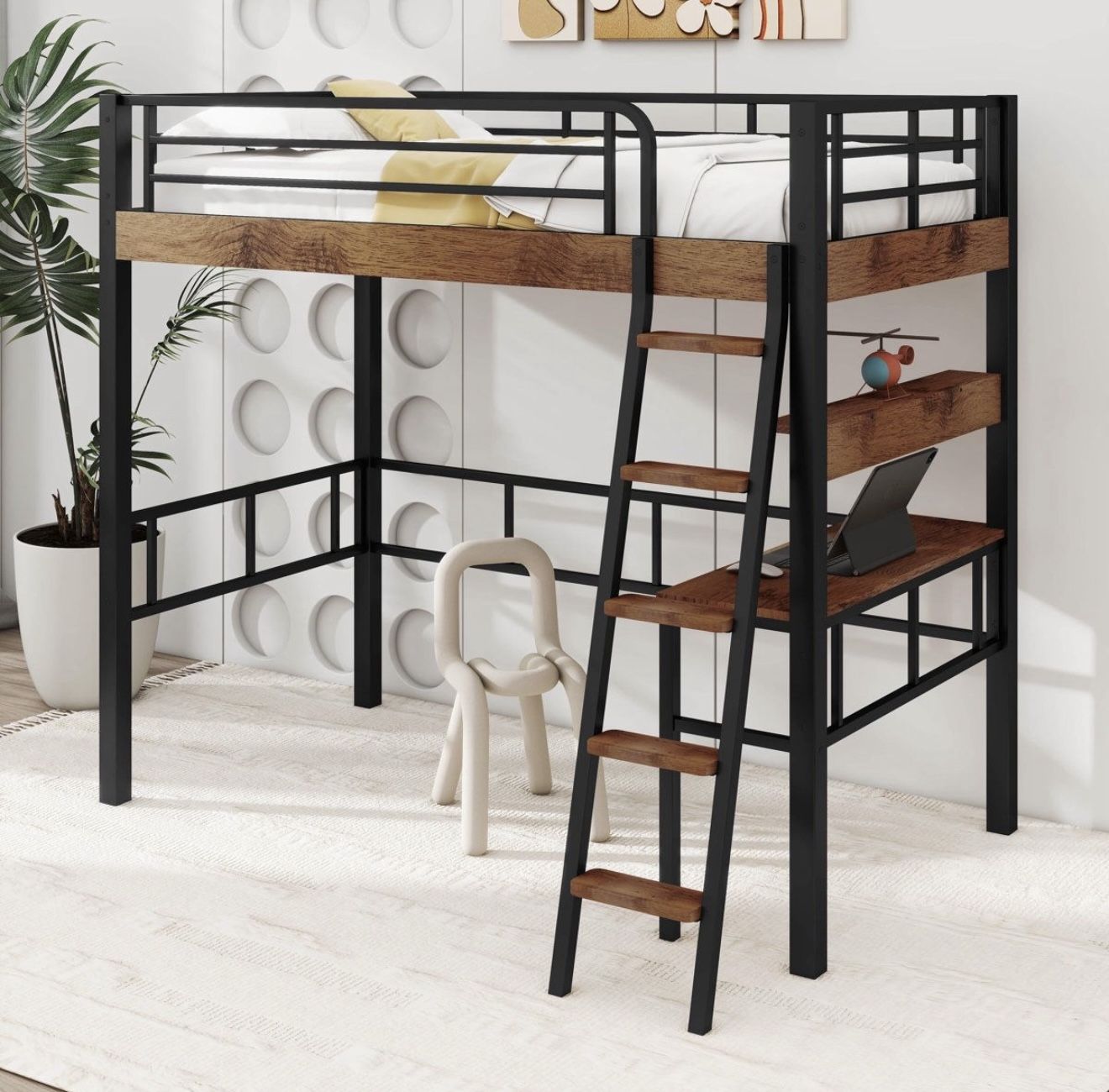 NEW Black and Brown Full Size Metal Loft Bed with LED Light, Built-in Wood Desk, Storage Shelf and Sloping Ladder