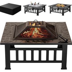 32 inch Metal Outdoor Fire Pit Table Multiuse Square Patio BBQ Firepit with Spark Screen Lid and Waterproof Cover for Camping, Outside Wood Bur