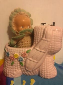 Vintage Napco Japan pink lamb music planter and antique doll Irwin nursery baby shower gift
