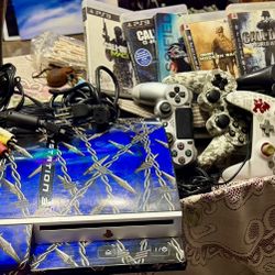 Preowned in good working condition. PS3 console with Spider-Man skin. 4 remotes 2 corded and two cordless  6 games grand theft auto 5. Call of duty:  