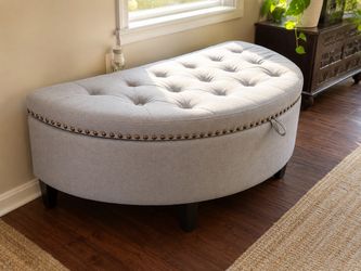 Large Elegant Tufted Storage Ottoman Bench – Light Blue Fabric 49” long.