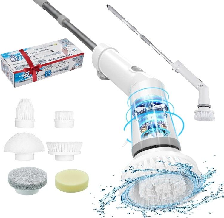 2024 Upgraded Electric Spin Scrubber , Cordless Shower Scrubber with 6 Replaceable Heads and Adjustable Extension Handle , 2 Adjustable Speeds Power