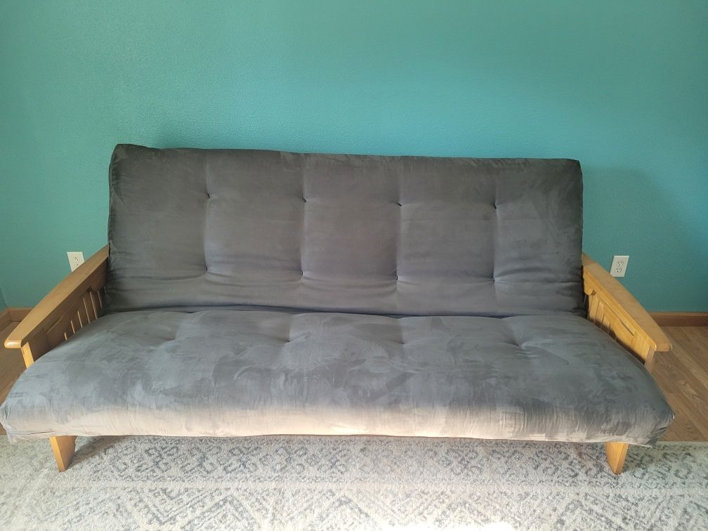 Queen Futon Sofa Bed with Extra Thick Gray Mattress and Wood Frame