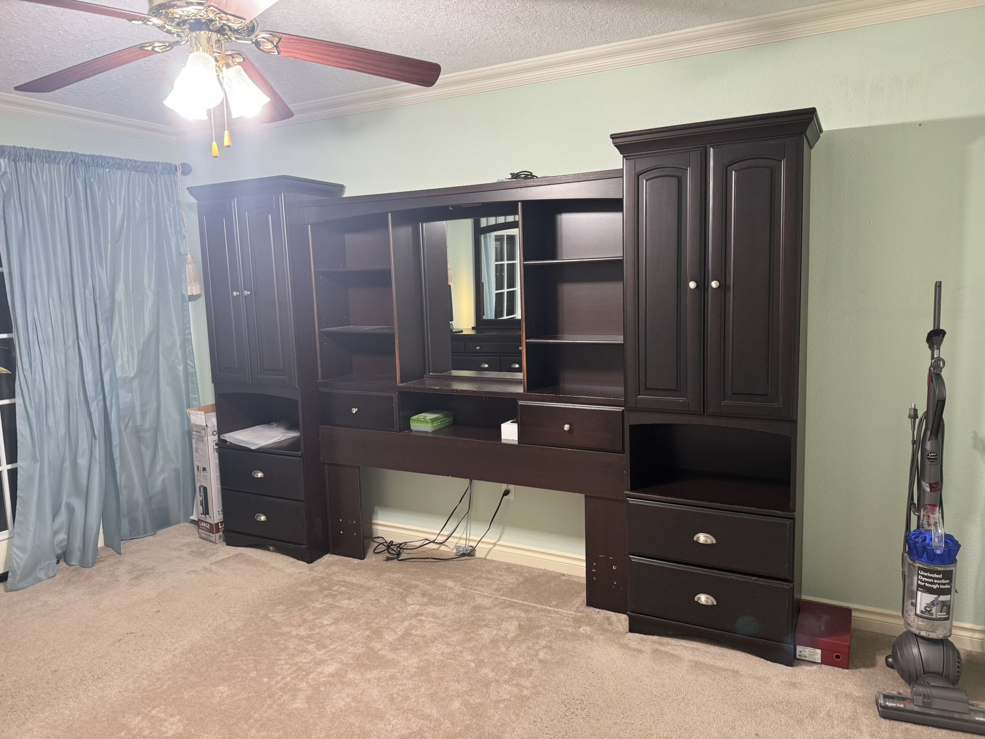 3-piece bedroom set. Dresser, mirror and queen headboard with storage