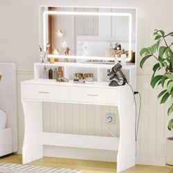 ✌️ Rovaurx Makeup Vanity Desk with Mirror and 3-Color Dimmable Lights, Vanity Table with Charging Station & 2 Storage Drawers, Bedroom Dressing Table,