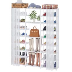 Buzowruil 9 Tiers Large Shoe Rack Shoe Storage Shoe Organizer 50-55 Pairs Shoe Tower Metal with Curtain for Entryway,White