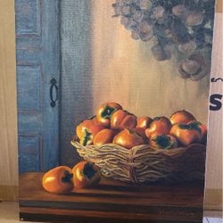 20”x16” Vintage Oil Painting Persimmons 1998 Signed Unframed Art Wall Decor Fruit Kitchen Decor Orange 