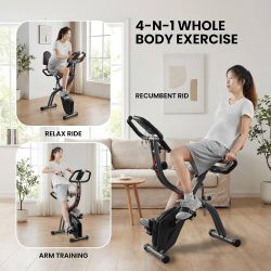 Exercise Bike, 4 IN 1 Stationary Bike, Foldable Folding Exercise Bike with 16-Level Magentic Resistance, Support Back Pad and Phone/Tablet Holder, Arm