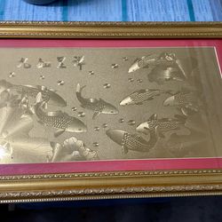decorative framed artwork featuring nine koi fish and lotus leaves