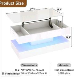 39.4"/47.2" Large Lift Top Coffee Table,Modern High Glossv LED Coffee Tables for Living Room with Storage,Black Living Room Tables for Living Room,Din