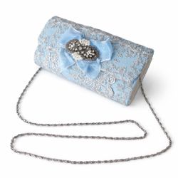 Blue Lace Evening Clutch Bag Silver Embroidery Pearl Brooch Chain Strap