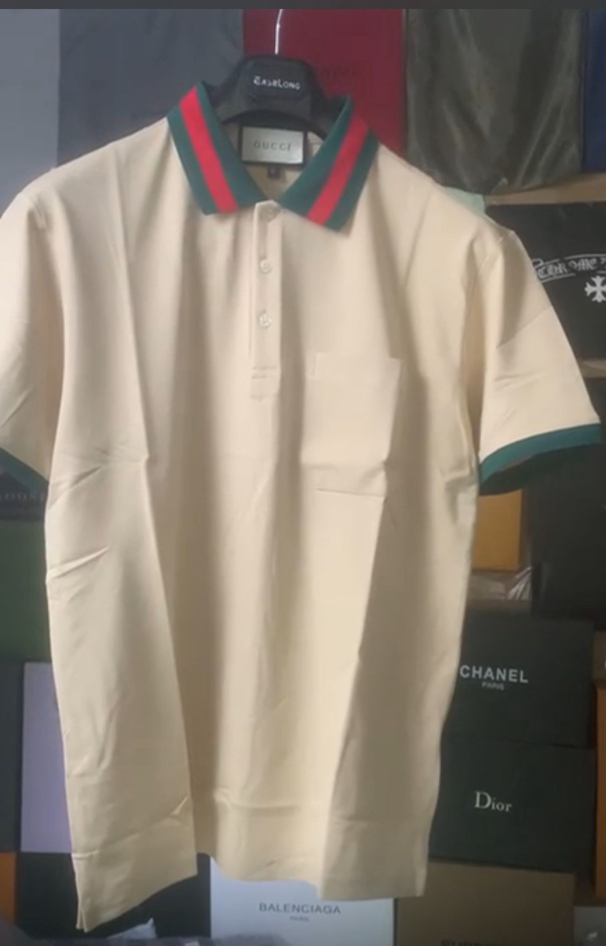 GG Polo Shirt Beige Cream Colored Men’s Large Green Red Green Web Collar Not RL