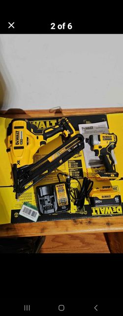Dewalt 20V 'MAX XR' 15 gauge angled finish nailer, 'Atomic' 1/4" hex impact driver, battery, charger