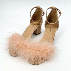 Top Moda Pink Fuzzy Feather Block Heel Shoes with Ankle Strap Women's 7.5