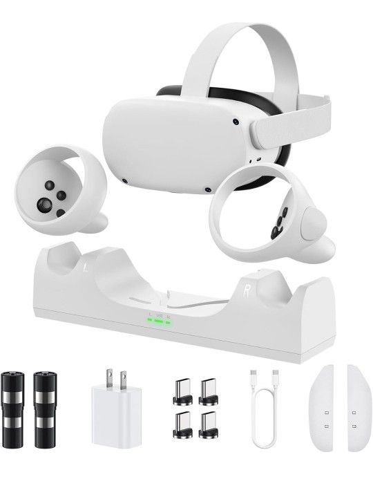Charging Dock for Oculus Quest 2 - Includes 2 x 2100mAh Rechargeable Magnetic Batteries - Charging Station for Meta Quest 2 Headset & Controllers with