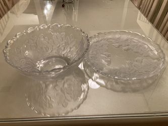 Elegant & Heavy Rose Engraved Glass Serving Bowl + Platter