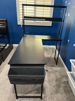 Black L-Shaped Desk with Hutch and Drawers