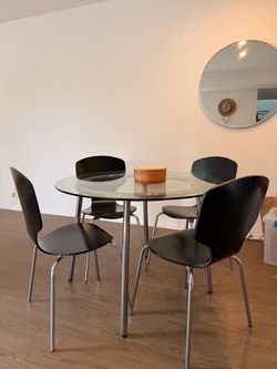 Modern Round Glass Dining Table + 4 Black Chairs + Coffee Table