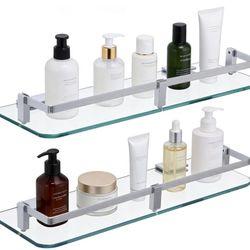 Set of 2 16 Inches Glass Shelf for Bathroom, Rectangular 