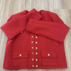 Red Tweed Blazer with Golden Logo Pattern size M