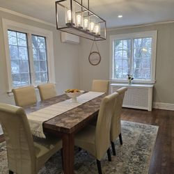 Dining Table Set – Table + 6 Cream-Colored Leather Chairs