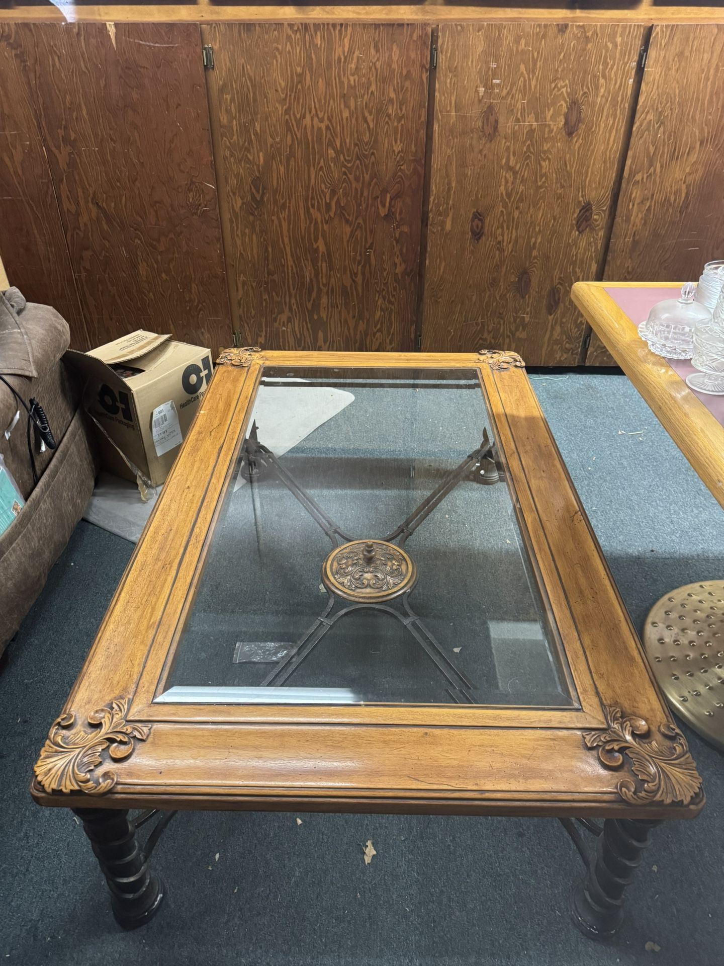 Vintage Glass Top Coffee Table with Ornate Wood Frame