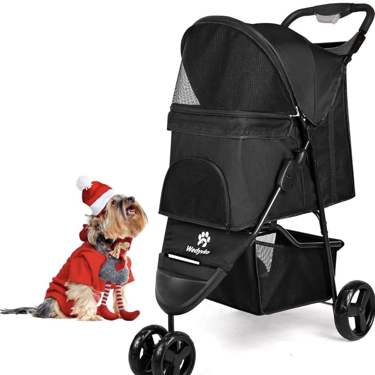 3 Wheels Pet Stroller for Small Dogs Cats, Up to 33 LBS with Storage Basket & Cup Holder, Black