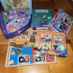 4-boxes Of Puzzles , Farm Stamps, Blocks Sticks