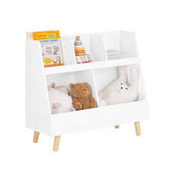 SoBuy Kids Bookshelf with 5 Open Compartments White Children's Bookcase & Toy Storage Organizer, Solid Wood Legs, Sturdy Shelving Unit for Bedroom or 