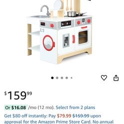 Play Kitchen Wooden Kids Kitchen Playset Chef Pretend Play Set for Toddlers with Real Lights & Sounds, Corner Toy Kitchen with Toy Food & Cookware Acc