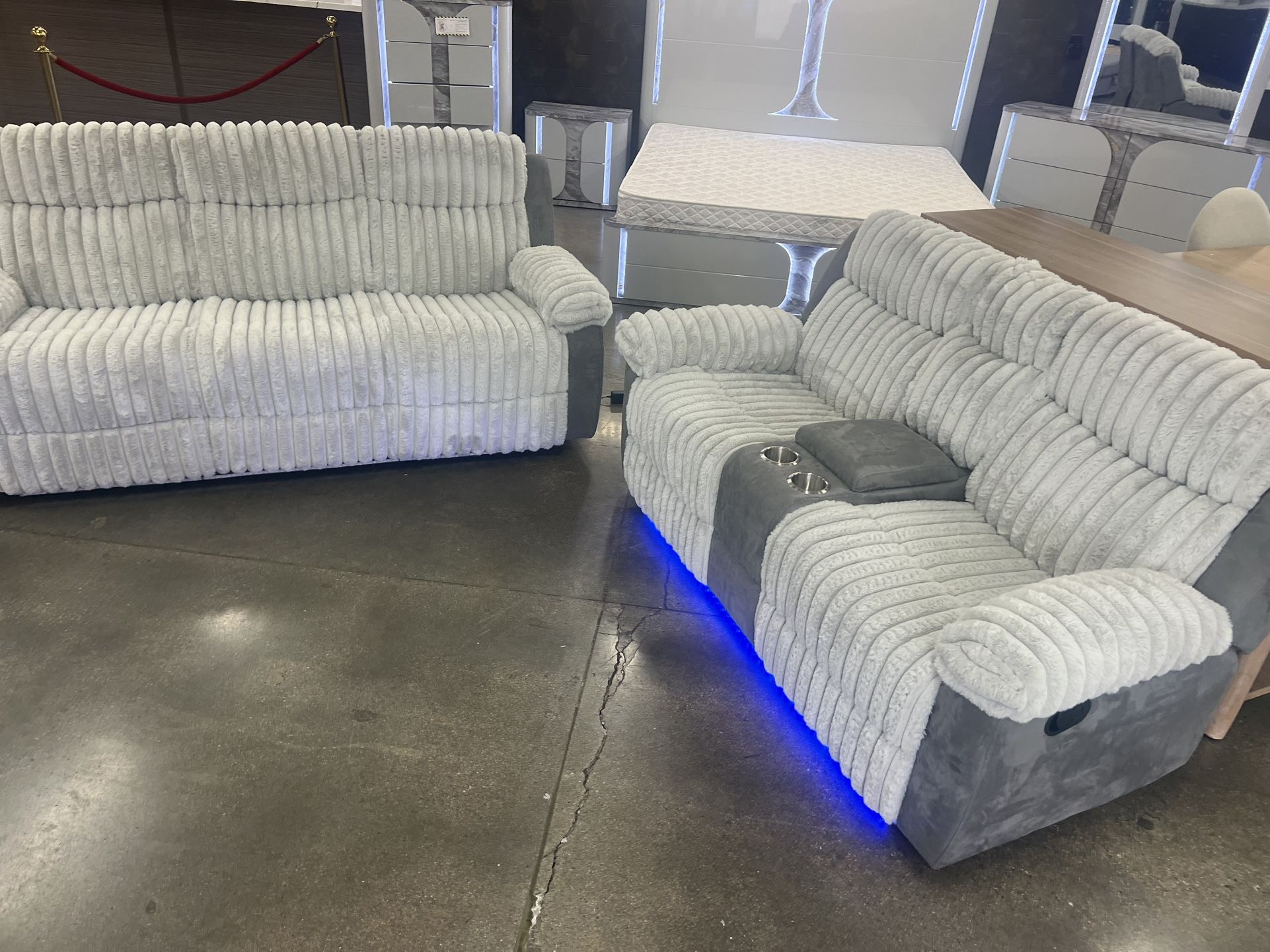 New Corduroy Couch / Love Seat. Grey. LED Lights. Free Delivery!