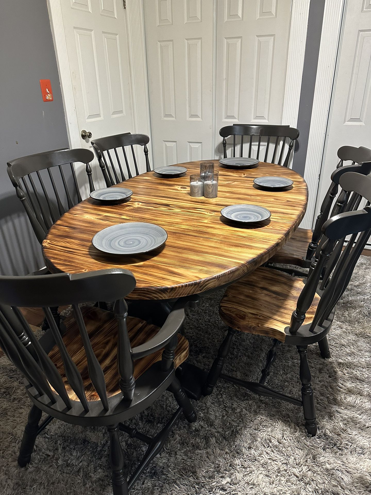 Solid Burned Pine Dining Set for 6 (chairs) with 2 Leaves Refinished-  Read Description 